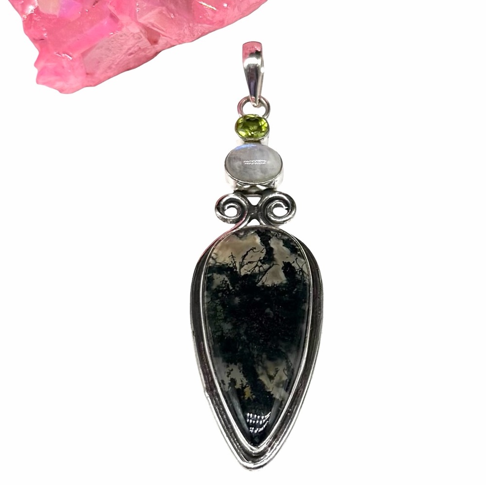 Moss Agate Rainbow Moonstone Peridot Necklace Pendant Solid 925 Sterling Silver
